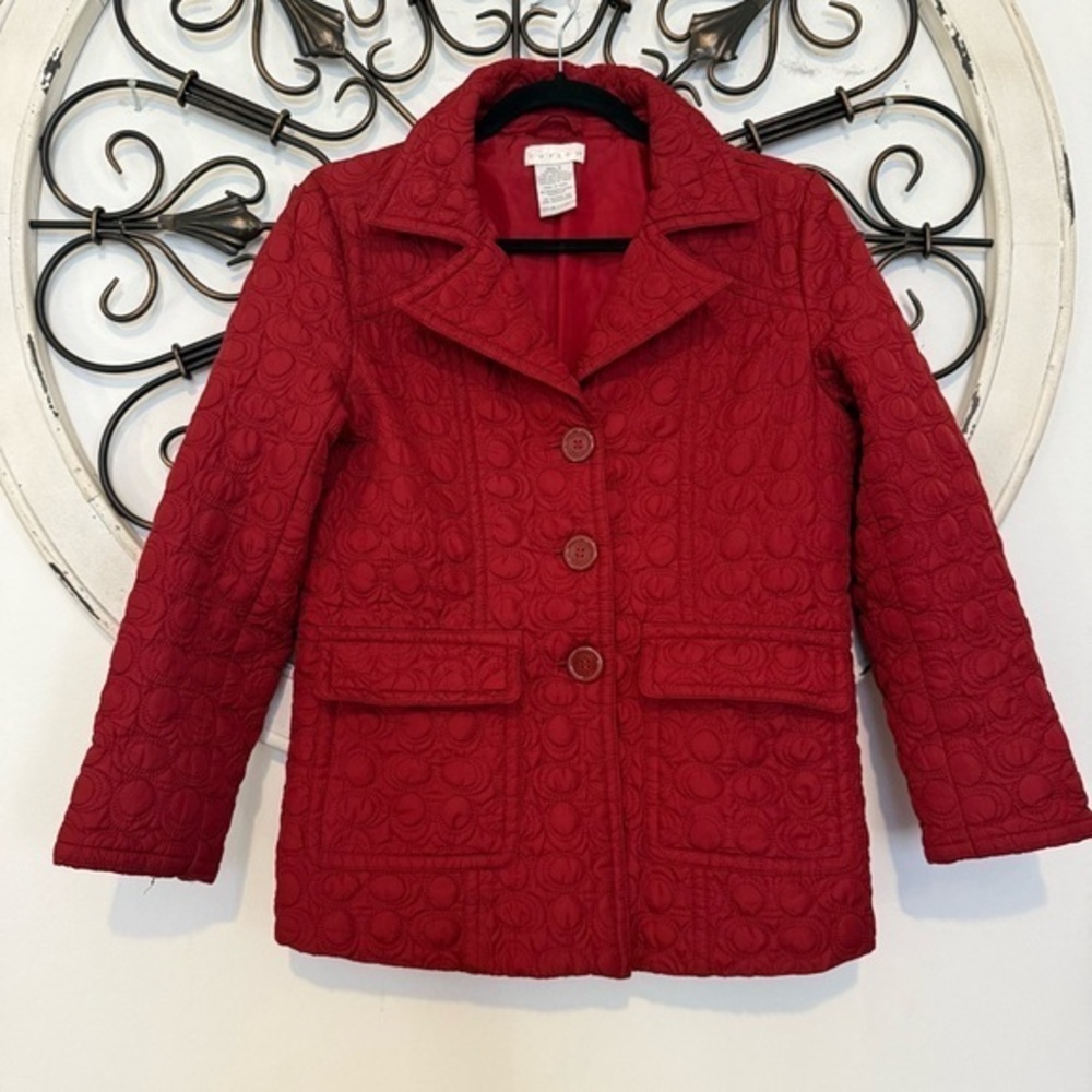 Tweeds Quilted Blazer Jacket Red Textured Button Front Old Money Womens Small